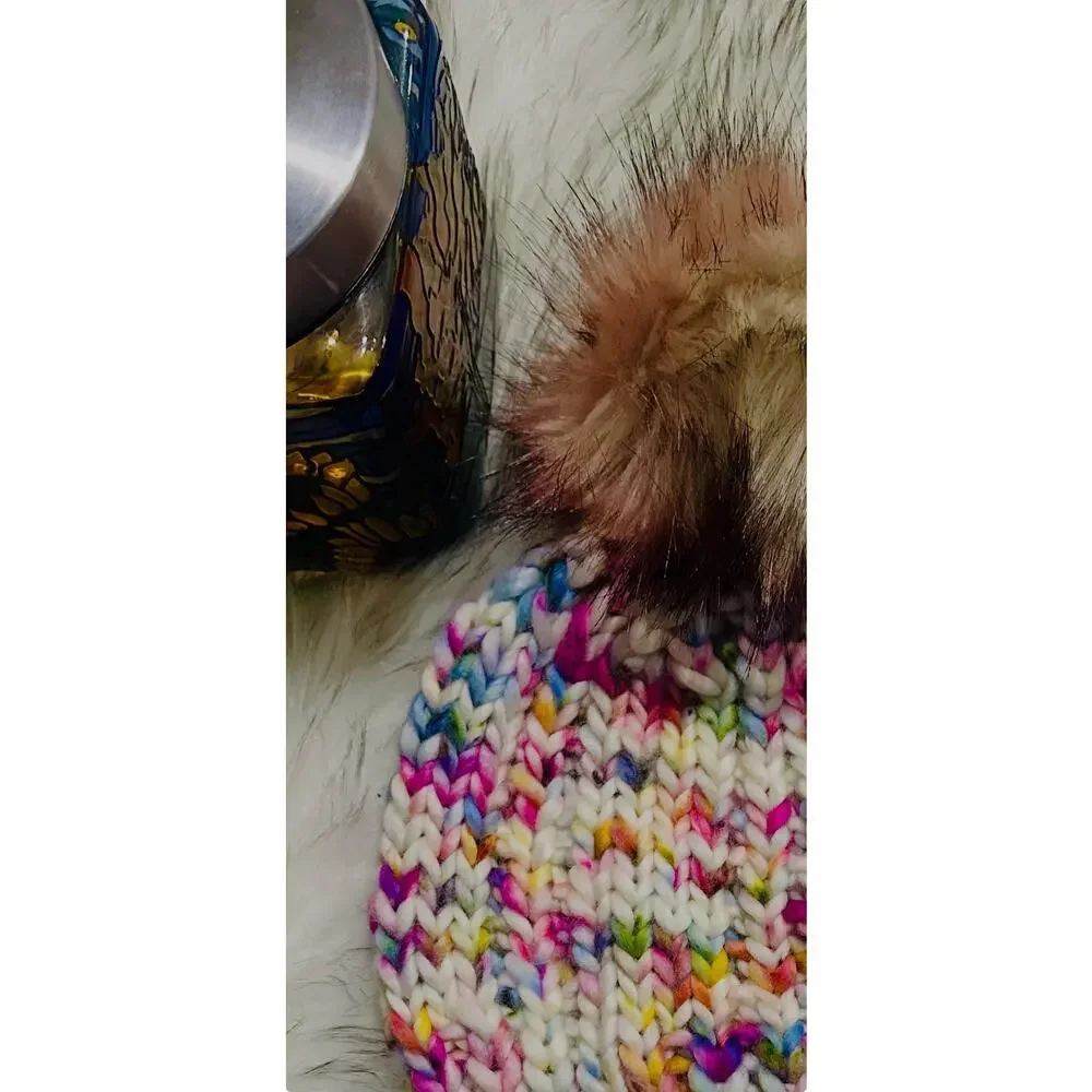 Hand Knit Merino Wool Beanie: Open Ridge Knit Hat with Faux Fur Pom